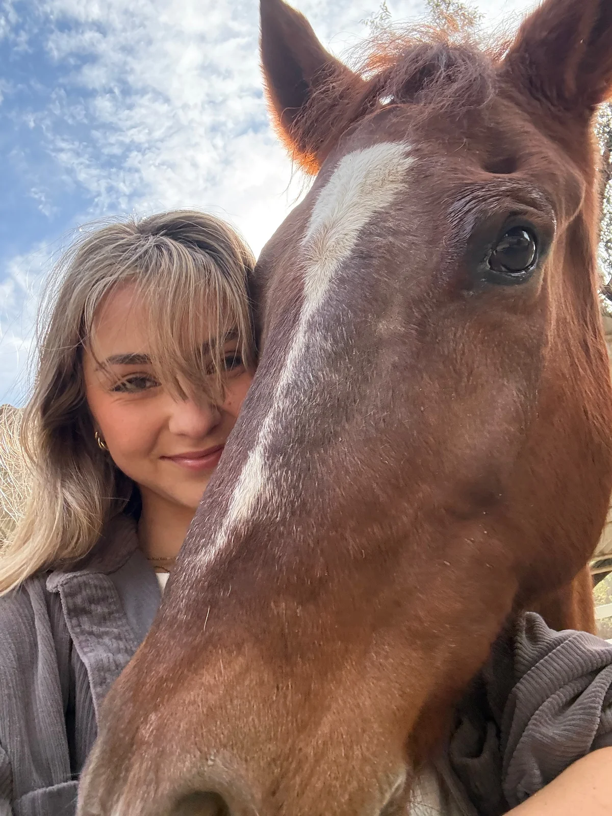 Iva resting her cheek against Dexter, her chestnut horse